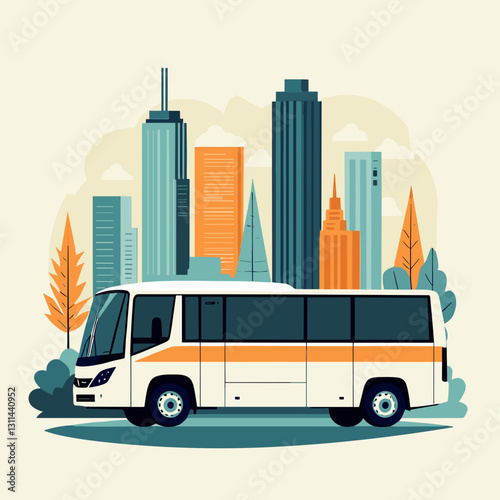 Public transportation travel illustration with bus and urban skyline
