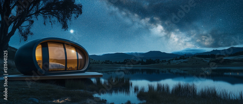 Modern eco pod overlooking serene lake, Milky Way above-1