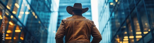 Urban cowboy in modern cityscape.