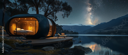 Modern eco pod overlooking serene lake, Milky Way above-2