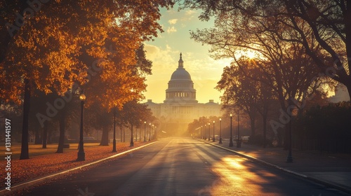 U.S. Capitol building at sunrise with golden autumn trees and an empty road in the foreground