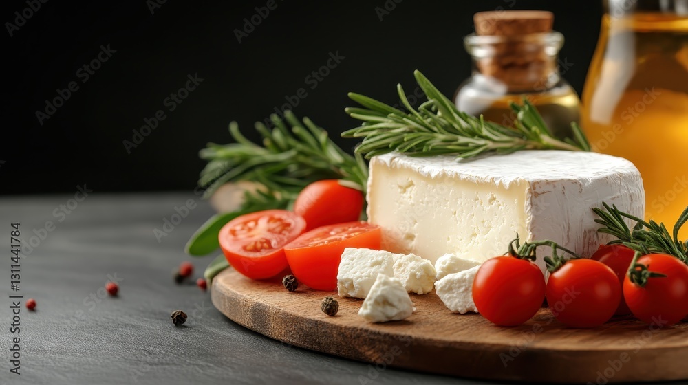 A visually appealing cheese platter complemented by ripe tomatoes and rosemary, showcasing the beauty of gourmet food and the rich flavors of culinary art. A visually appealing cheese platter complemented by ripe tomatoes and rosemary, showcasing the beauty of gourmet food and the rich flavors of culinary art.