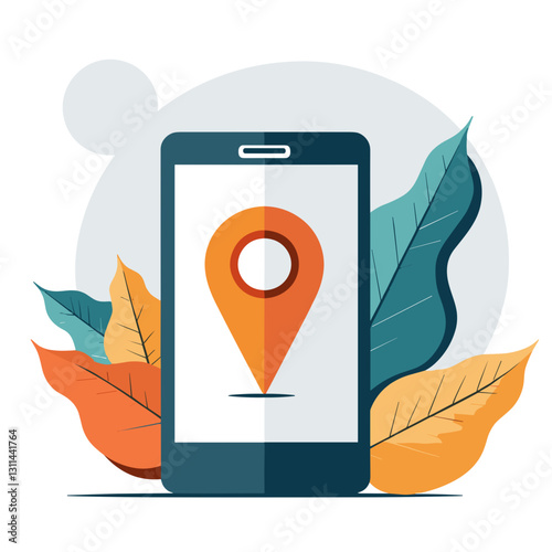 Geolocation on smartphone, flat design travel illustration