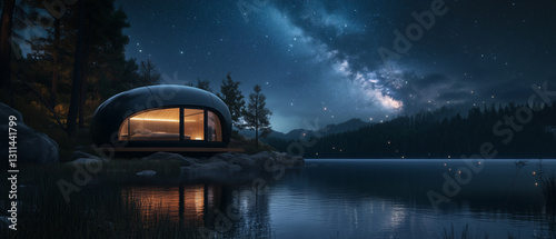 Modern eco pod overlooking serene lake, Milky Way above-3