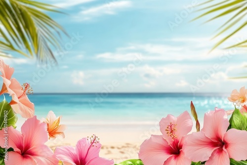 Fototapeta Naklejka Na Ścianę i Meble -  Pink hibiscus flowers framing a tropical beach with turquoise water and palm trees