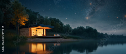 Modern eco cabin by calm waters, galaxy glowing above-1