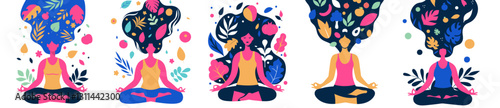 Collection of young women meditating in a lotus pose surrounded by leaves