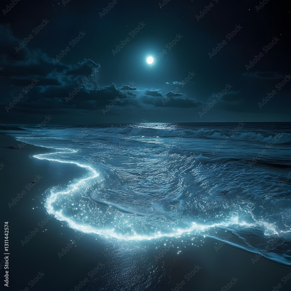 Fototapeta premium Moonlit Ocean Waves Under Starry Sky with Soft Glowing Water