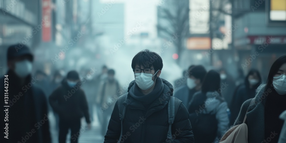 Fototapeta premium A heavily polluted street with people wearing masks, highlighting urban environmental challenges and public health concerns.