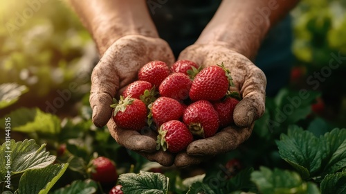 A photograph capturing hands with dirt holding bright red strawberries, symbolizing hard work in farming and the rewarding connection to nature’s bounty.