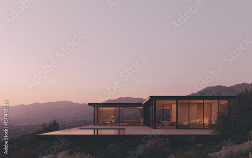 Modern house with infinity pool overlooking mountains at sunset