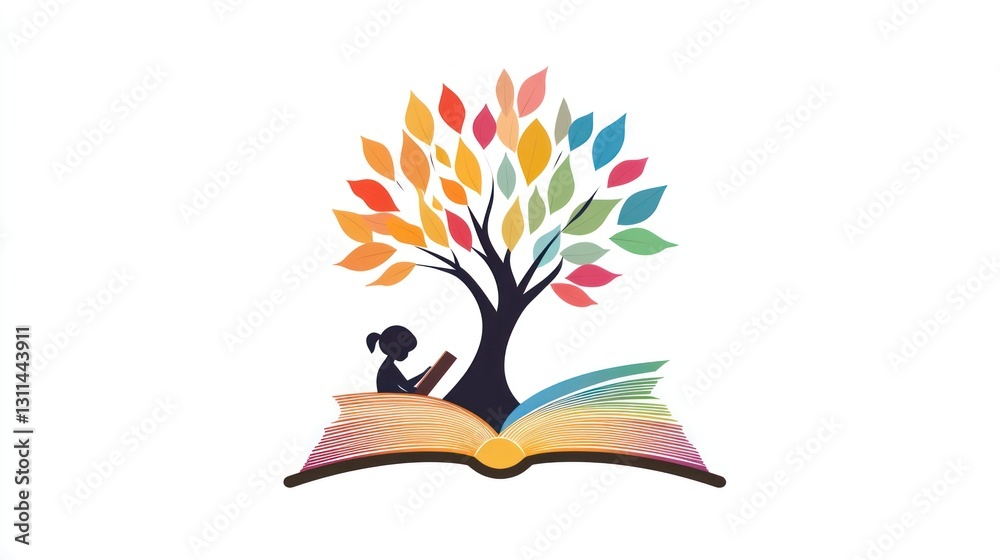 Obraz premium Colorful book logo with girl reading under tree