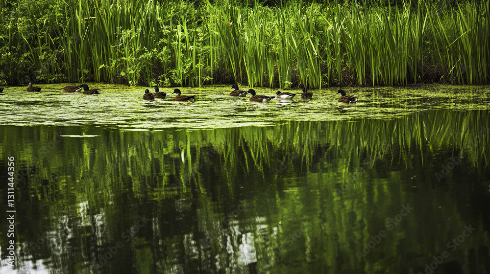 Obraz premium Ducks glide across reflective wetland surrounded by lush greenery