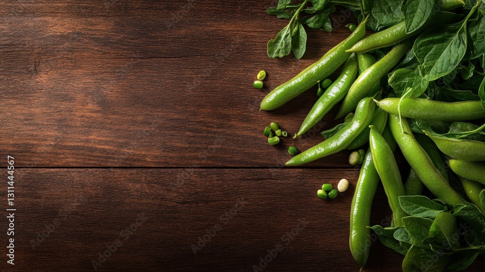 A visually appealing arrangement of harvested edamame with leaves, set against a rustic wooden background that signifies agriculture, health, and organic food practices. A visually appealing arrangement of harvested edamame with leaves, set against a rustic wooden background that signifies agriculture, health, and organic food practices.