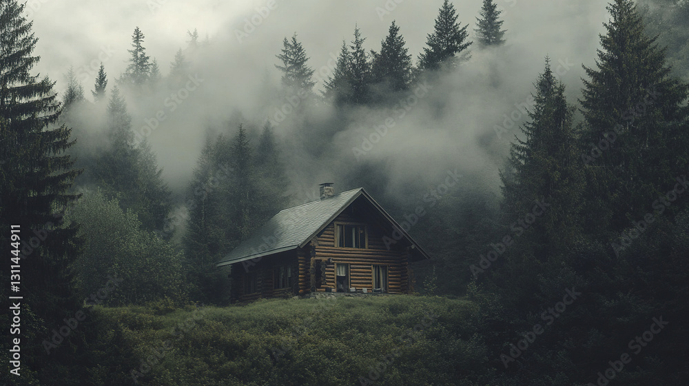 Secluded cabin in foggy valley surrounded by towering trees Secluded cabin in foggy valley surrounded by towering trees