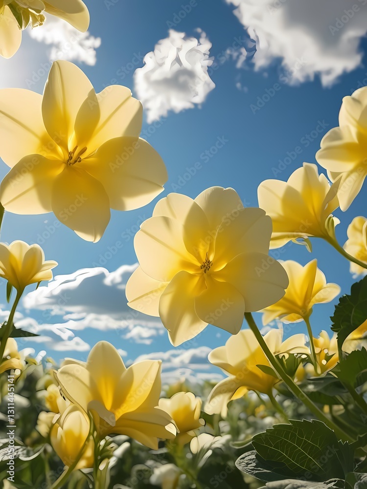 Obraz premium Bright yellow flowers bloom under a sunny sky with clouds