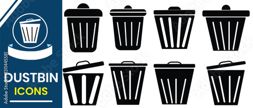 Trash can icon, Dustbin, Recycle bin icon, vector set. Silhouette of Delete icon, Garbage bins vector set. Waste sorting containers design. Vector illustration. 