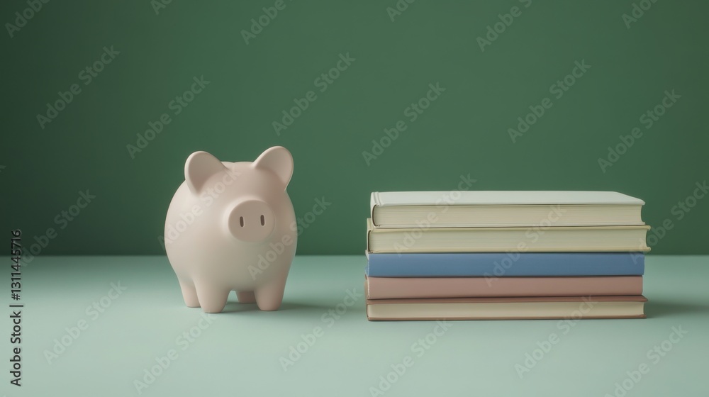 Piggy bank and stack of books on green background Piggy bank and stack of books on green background