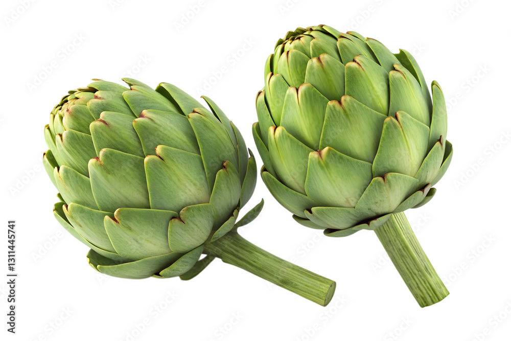 Fototapeta premium Artichoke Duo: A close-up shot of two fresh artichokes, showcasing their intricate, layered structure and vibrant green color, promising a healthy and delicious culinary experience.