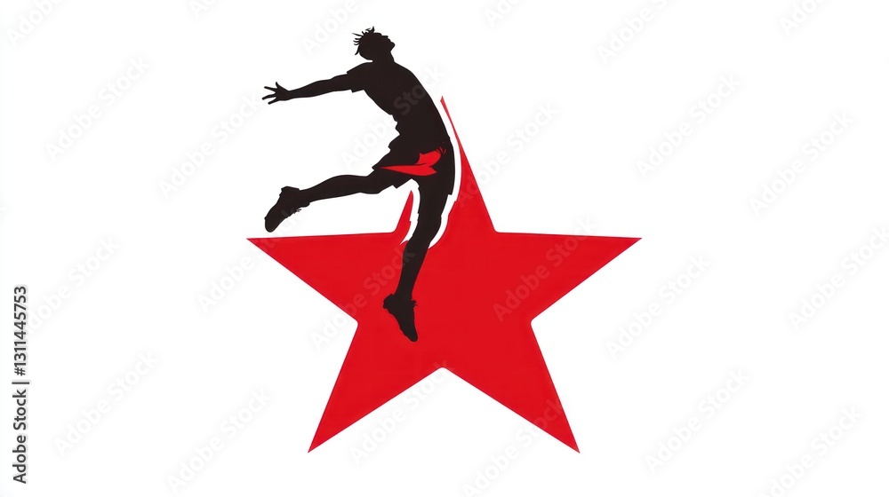 Silhouette of person jumping on red star, action shot Silhouette of person jumping on red star, action shot