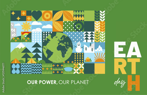 Earth Day 22nd April 2025 concept design. Modern geometric style with green renewable energy illustration. 2025 Earth Day theme : Our Power, Our Planet