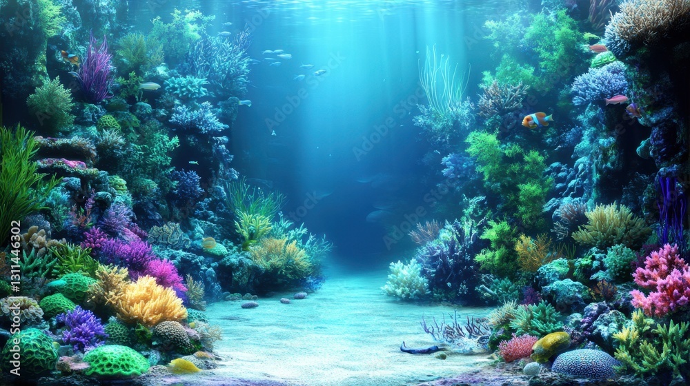 Naklejka premium Underwater scene featuring colorful corals and various species of fish swimming in a vibrant marine environment