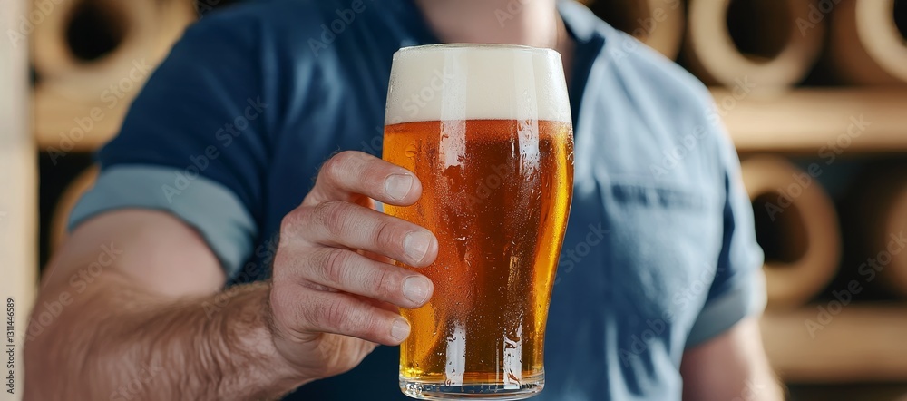 A person holds a glass of golden beer with a frothy head, set against a blurred background of wooden barrels. A person holds a glass of golden beer with a frothy head, set against a blurred background of wooden barrels.
