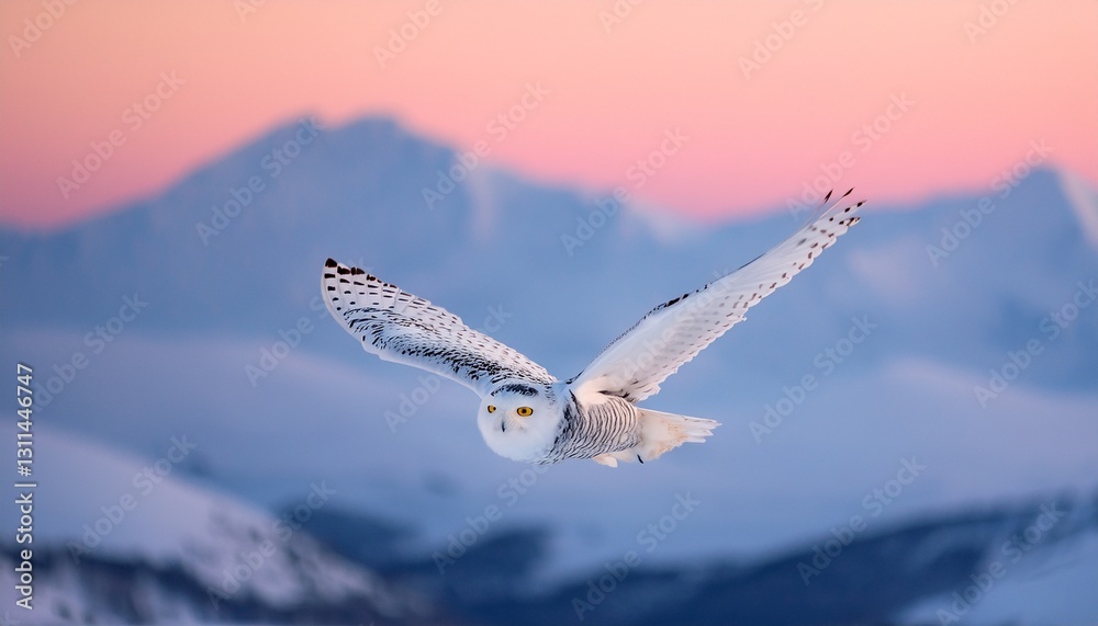 Fototapeta premium A white snow owl with yellow eyes flew over the snow in the morning