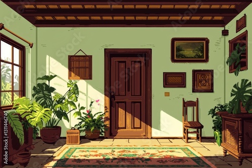 A playful representation of village life through cartoon art.