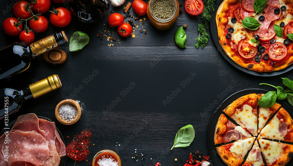 Overhead shot of two pizzas with various ingredients and wine bottles on a dark wooden background. Overhead shot of two pizzas with various ingredients and wine bottles on a dark wooden background.