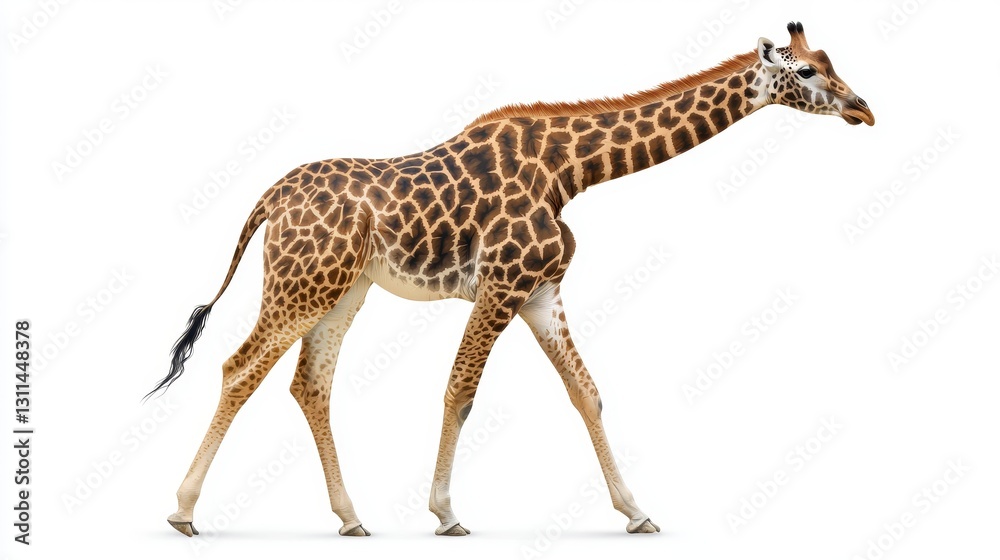 Obraz premium Graceful giraffe walking elegantly across a bright white background showcasing its unique features and tall stature