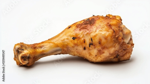A crispy fried chicken leg with a golden-brown, crunchy coating, isolated on white background.