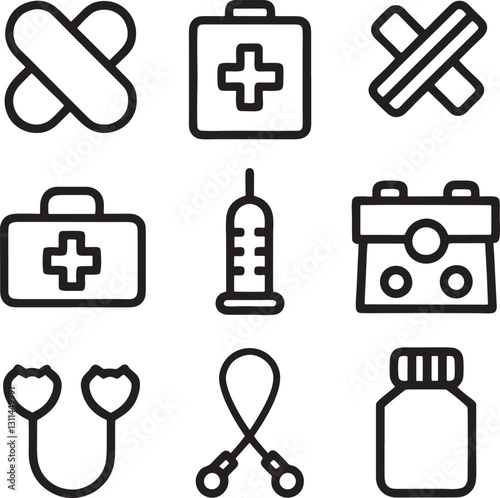 Black color Set of Hospital and medical health care editable stroke outline icons set isolated on white background flat vector illustration