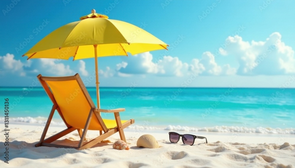Sun umbrella, beach chair, sunglasses, seashells, ocean view, vacation, comfort