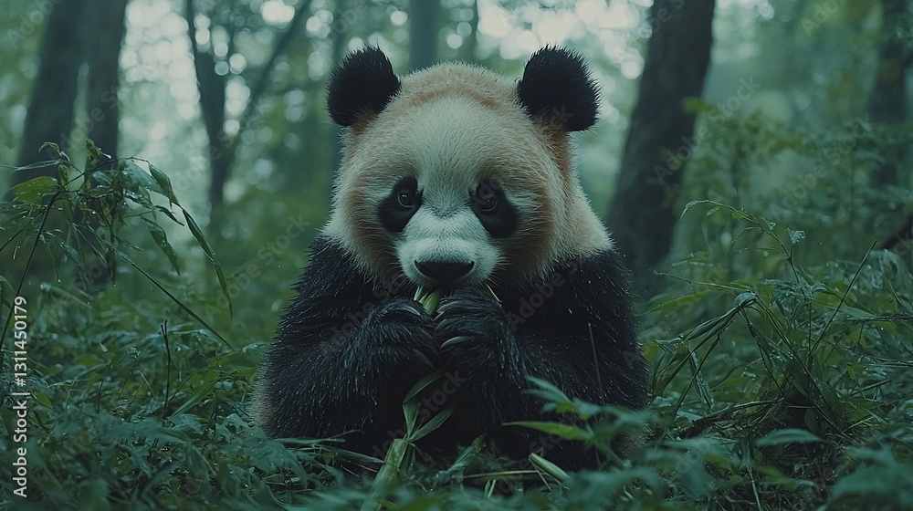 Obraz premium A giant panda peacefully eating bamboo in a lush green forest surrounded by trees