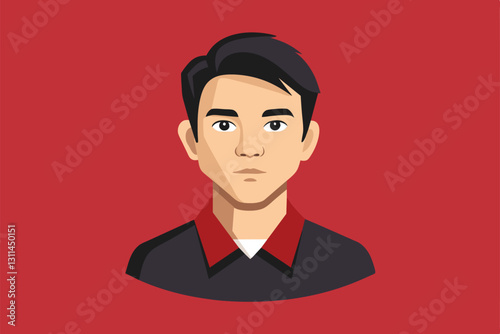 A young man poses for a profile picture, sporting dark hair and a red collared shirt on a vibrant red backdrop, Profile pic Customizable Semi Flat Illustration