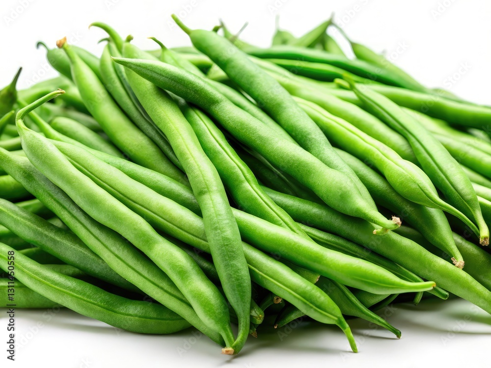 High-resolution image: fresh green beans against a stark white background, ideal for culinary or healthy eating themes. High-resolution image: fresh green beans against a stark white background, ideal for culinary or healthy eating themes.