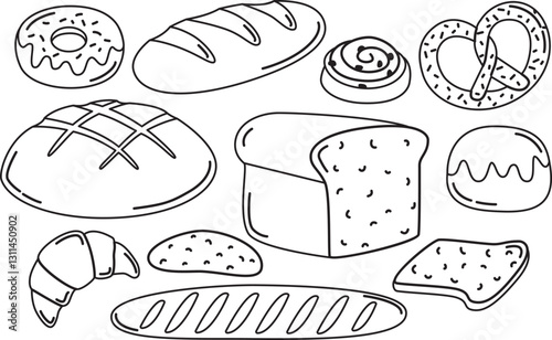 Set of different types of bread and bakery products. Simple elements in doodle style.