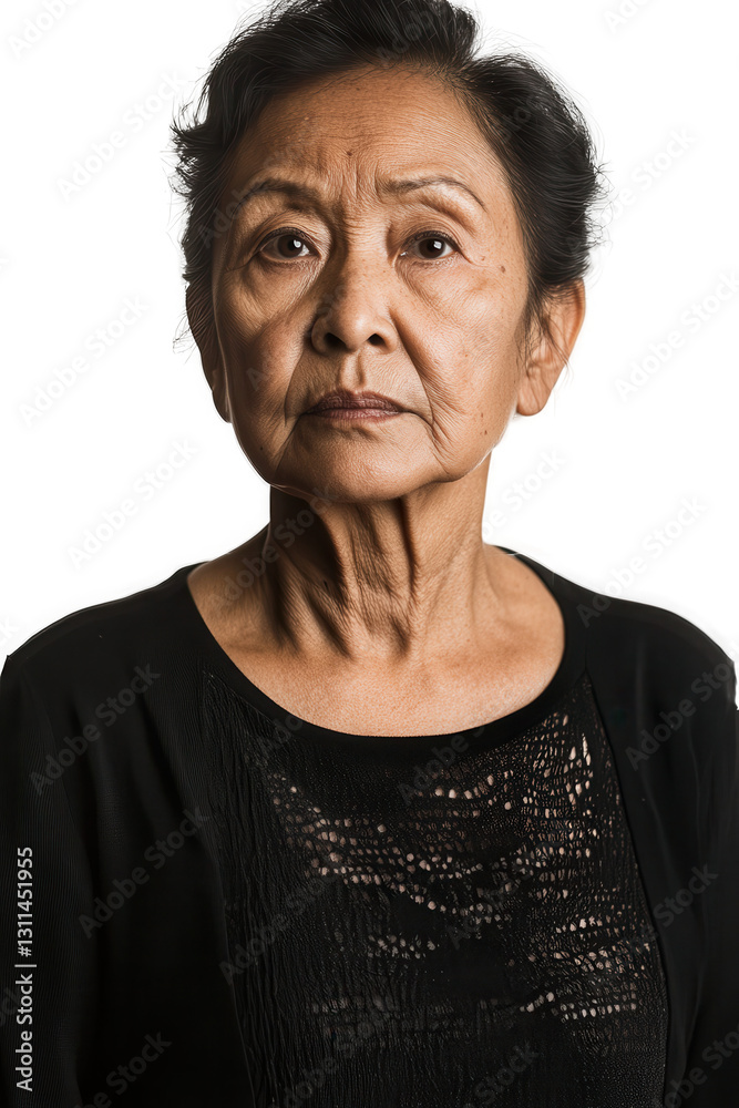 Obraz premium Older woman with serious expression isolated on white background, ethnic senior portrait, mature female model, natural lighting, emotional expression, age diversity.