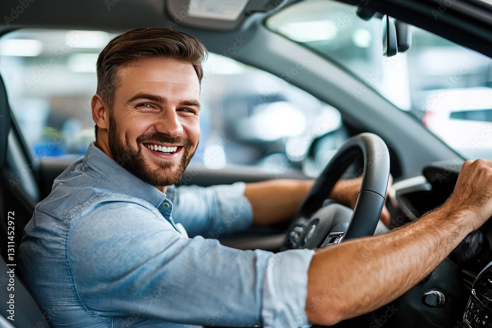 A happy man is driving a new car at a showroom, looking over his shoulder and smiling at the camera while sitting in the driver's seat of his vehicle A happy man is driving a new car at a showroom, looking over his shoulder and smiling at the camera while sitting in the driver's seat of his vehicle