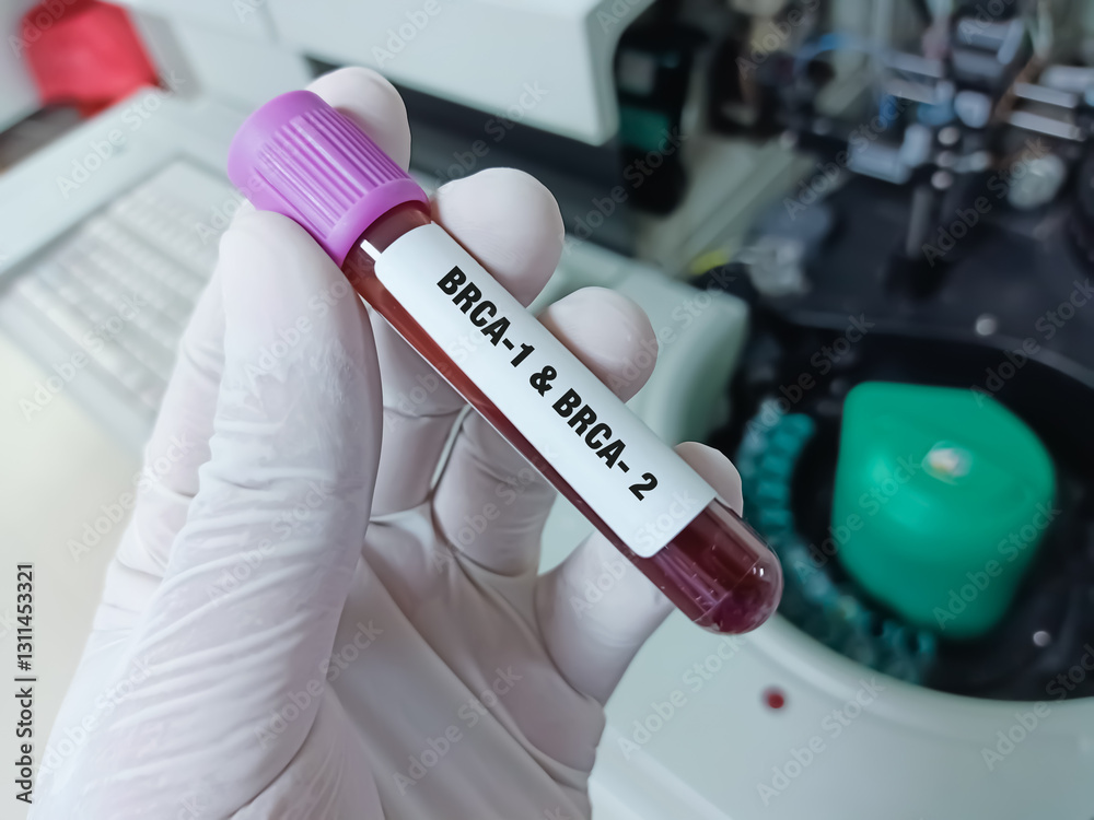 Scientist hold blood sample for BRCA1 and BRCA2 test. Two genes are called tumor suppressor genes. Scientist hold blood sample for BRCA1 and BRCA2 test. Two genes are called tumor suppressor genes.