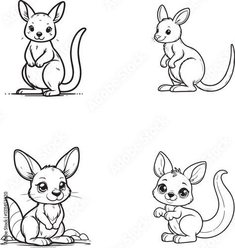 Cute Cartoon Kangaroo Silhouettes in Playful Poses - Black and White Line Art