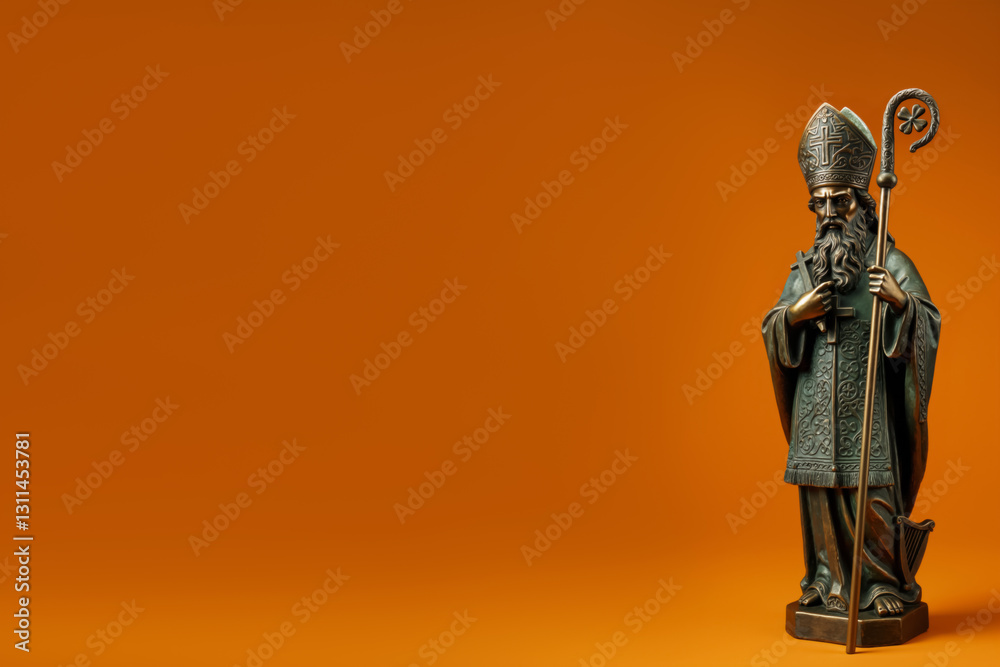Saint Patrick bronze figurine with clover staff, Celtic harp and cross on orange background with copy space for text. Saint Patrick's day horizontal banner. Statue of Apostle of Ireland Saint Patrick bronze figurine with clover staff, Celtic harp and cross on orange background with copy space for text. Saint Patrick's day horizontal banner. Statue of Apostle of Ireland
