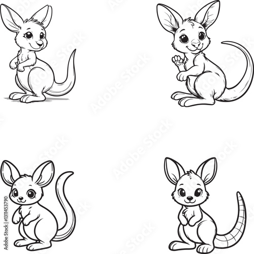 Cute Cartoon Kangaroo Silhouettes in Playful Poses - Black and White Line Art