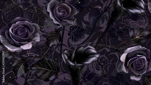 A dark and mysterious floral pattern with black roses and calla lilies, creating a gothic and elegant feel. photo