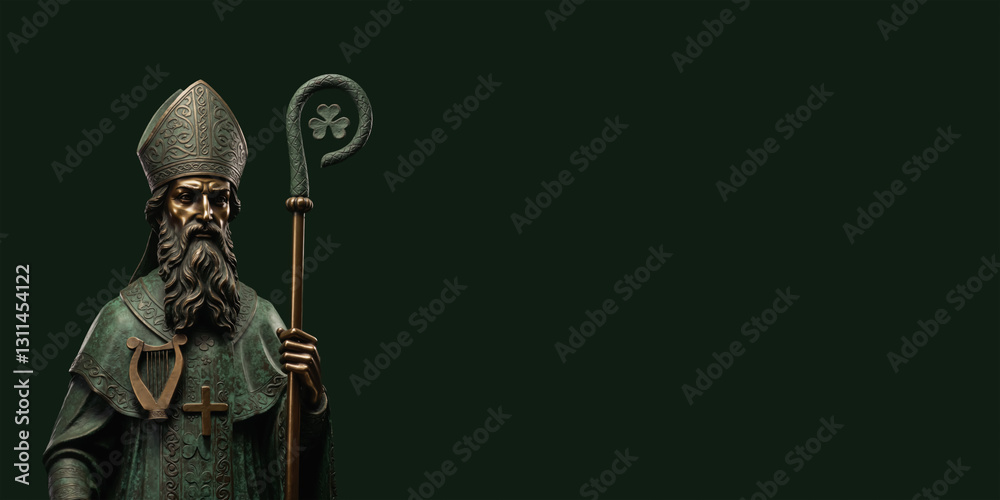 Obraz premium Saint Patrick bronze statue holding shamrock staff, cross, Celtic harp on dark green studio background with copy space. Saint Patrick's day horizontal banner. Apostle of Ireland.