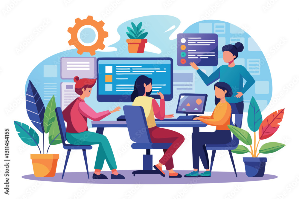 Fototapeta premium A group of programmers engages in collaborative coding at a desk in a bright, modern office setting, programmers learn programming through computers on websites