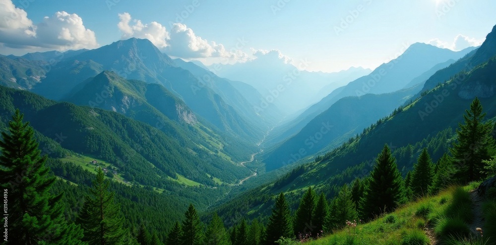 Fototapeta premium Vast evergreen mountain range, sunlit valleys, dense woodland, journey, forest landscape, sunlit