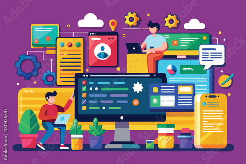 A vibrant illustration displays individuals engaged in programming with customizable software tools, Programming Customizable Disproportionate Illustration