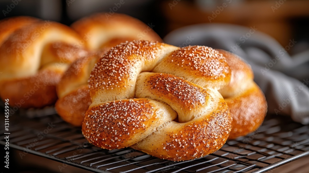 A mouth-watering display of freshly baked golden bread loaves on a cooling rack, showcasing their glossy crust and tempting appearance for all to admire. A mouth-watering display of freshly baked golden bread loaves on a cooling rack, showcasing their glossy crust and tempting appearance for all to admire.